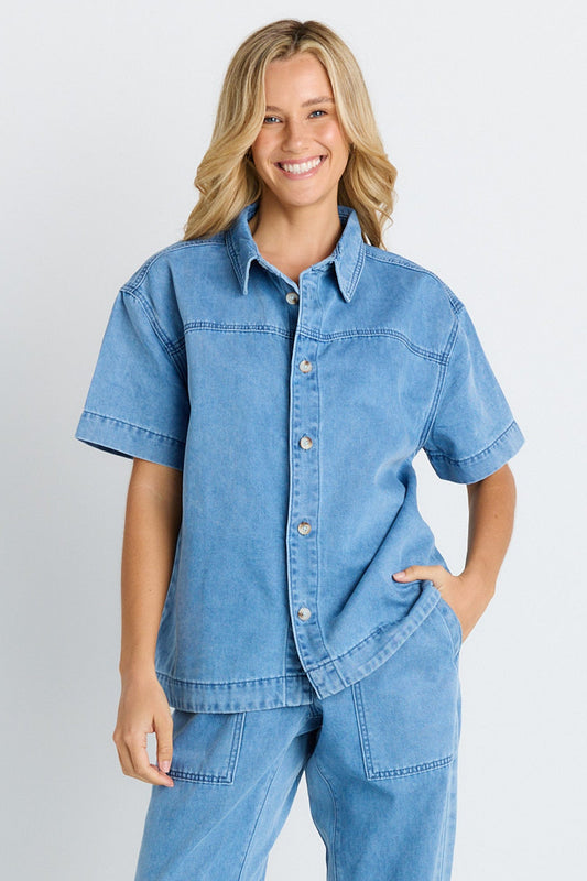 Betty Basics Quinn Cotton Shirt (Blue Medium)