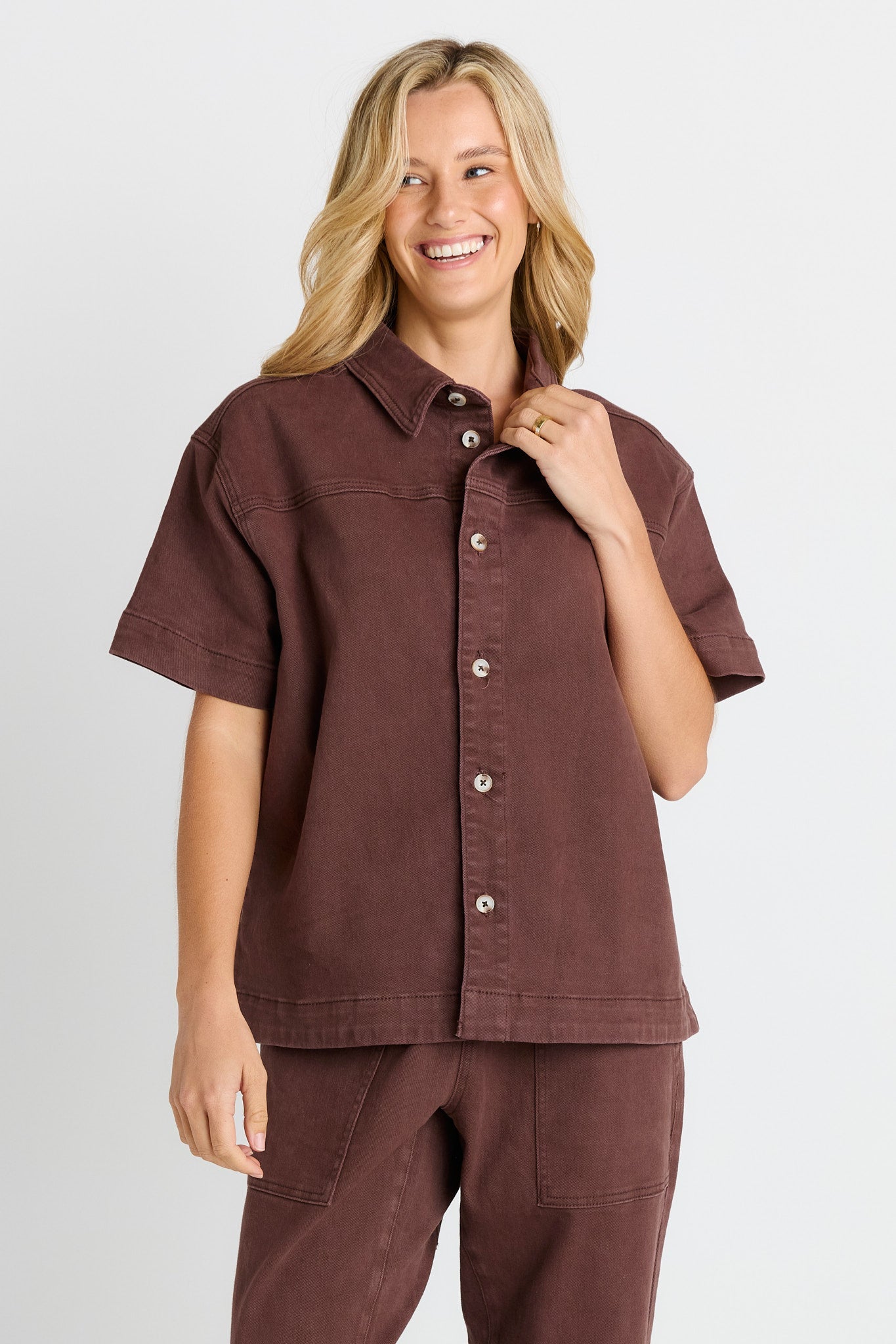 Image of Shirts. Product name - Quinn Cotton Shirt in Chocolate colour by brand - Betty Basics
