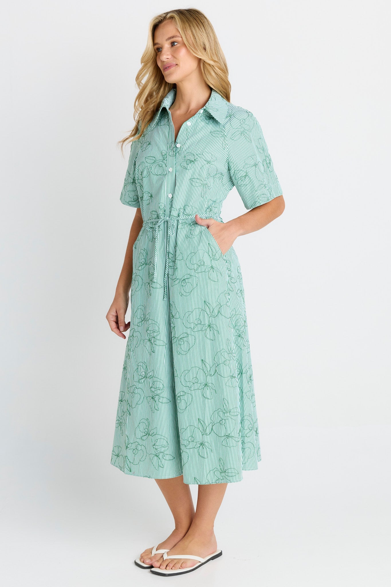 Betty Basics Shelley Shirt Dress (Green Stripe)