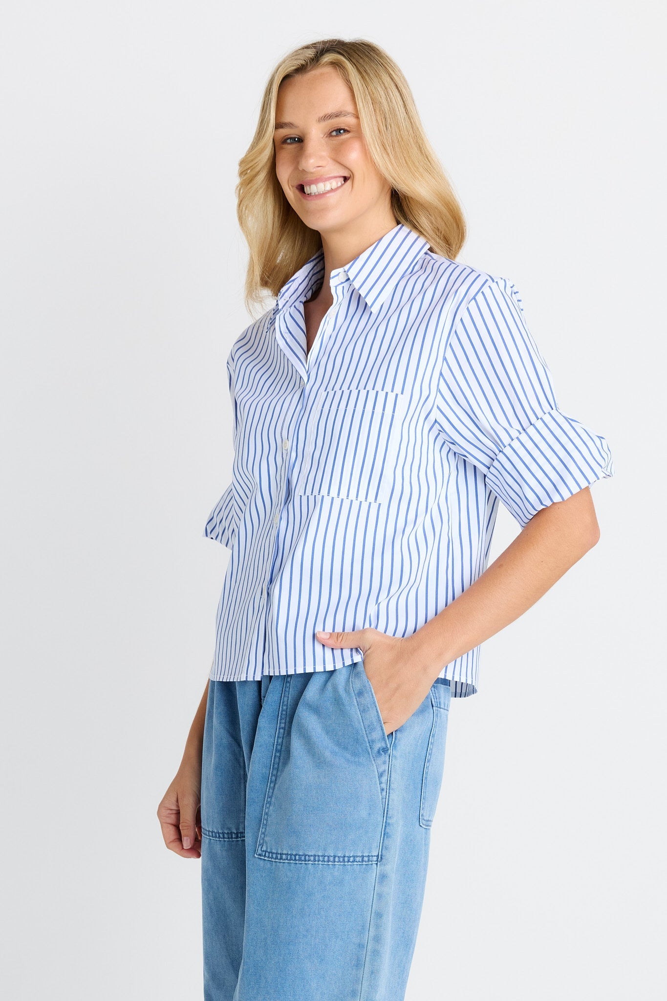 Betty Basics Cropped Poplin Shirt (Blue Stripe)