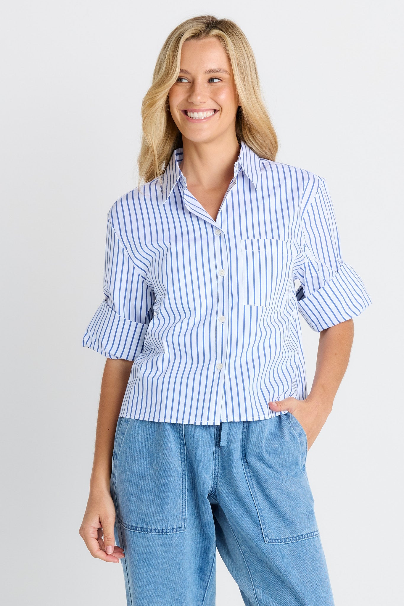 Image of Shirts. Product name - Cropped Poplin Shirt Blue Stripe in Blue Stripe colour by brand - Betty Basics