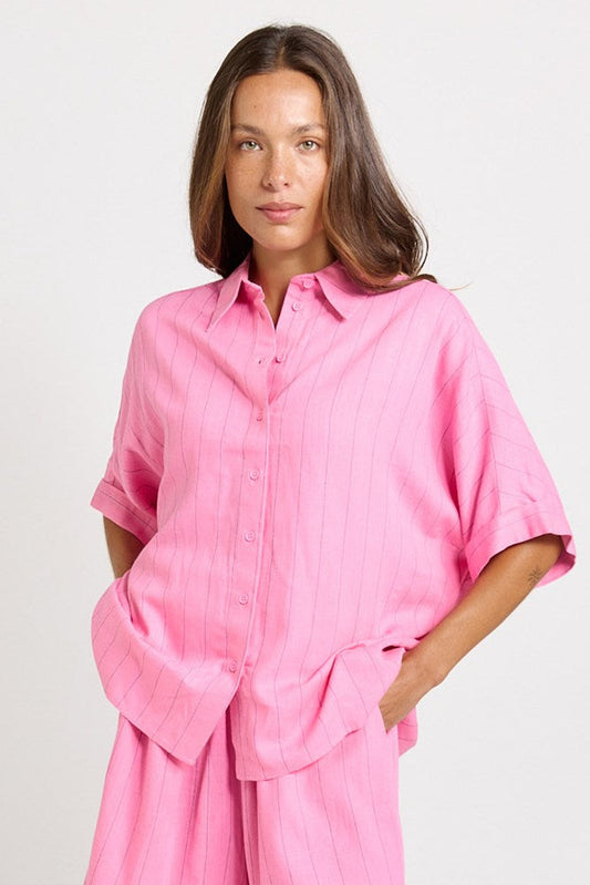 Image of Shirts. Product name - Ophelia Oversized Shirt Pink/Teal Stripe in Pink/Teal Stripe colour by brand - Betty Basics