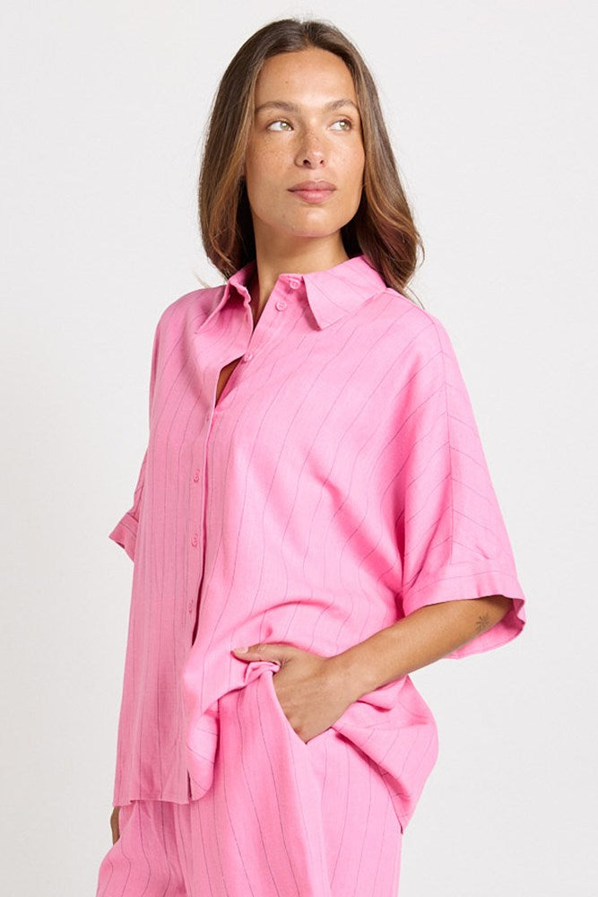 Betty Basics Ophelia Oversized Shirt (Pink/Teal Stripe)