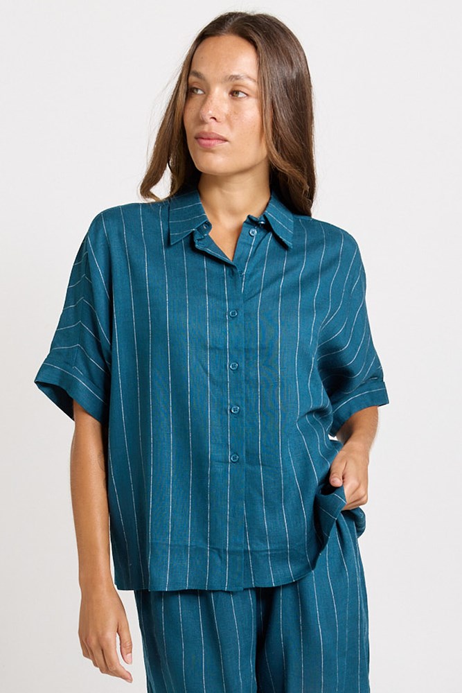 Betty Basics Ophelia Oversized Shirt (Teal/White Stripe)