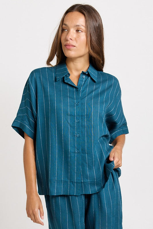 Betty Basics Ophelia Oversized Shirt (Teal/White Stripe)