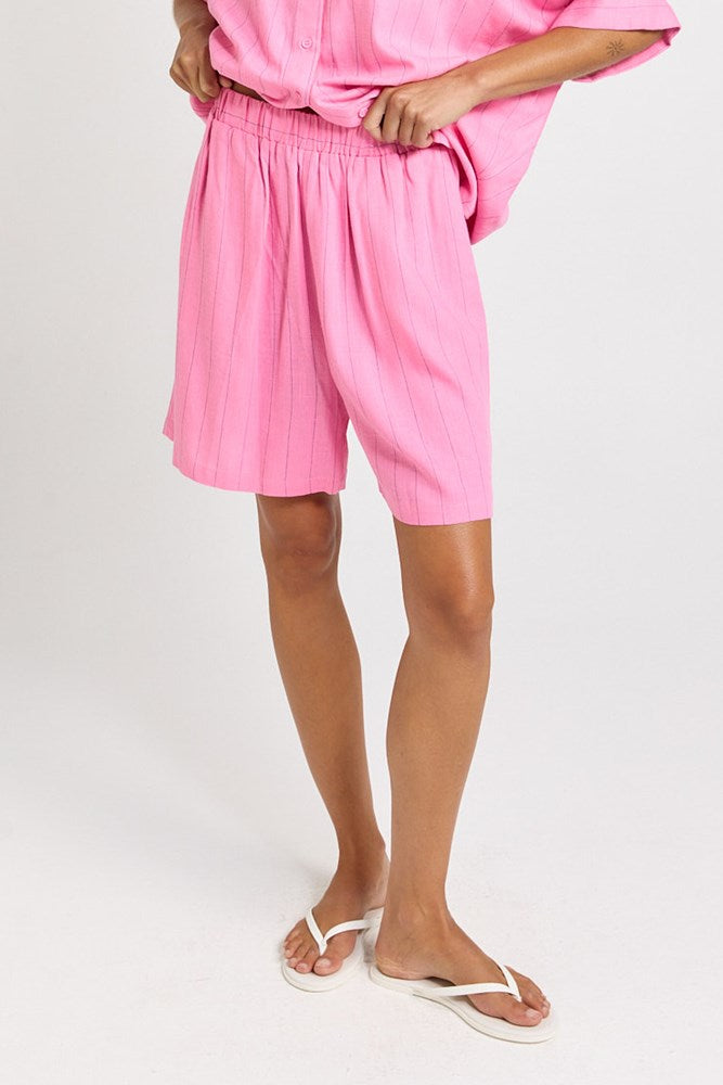 Betty Basics Palm Linen Blend Relax Shorts (Pink/Teal Stripe)