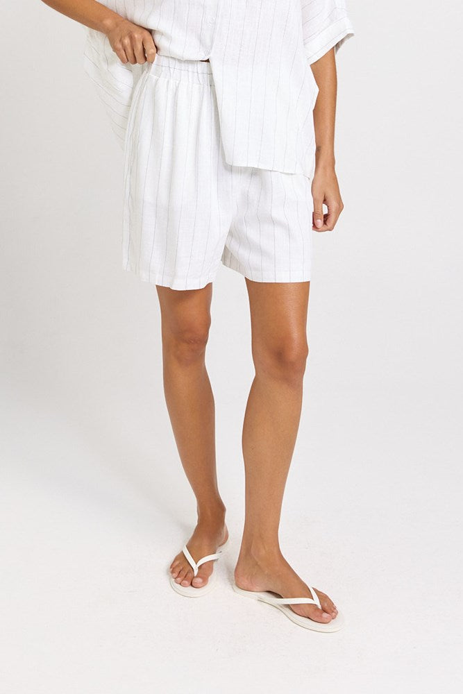 Betty Basics Palm Linen Blend Relax Shorts (White/Black Stripe)