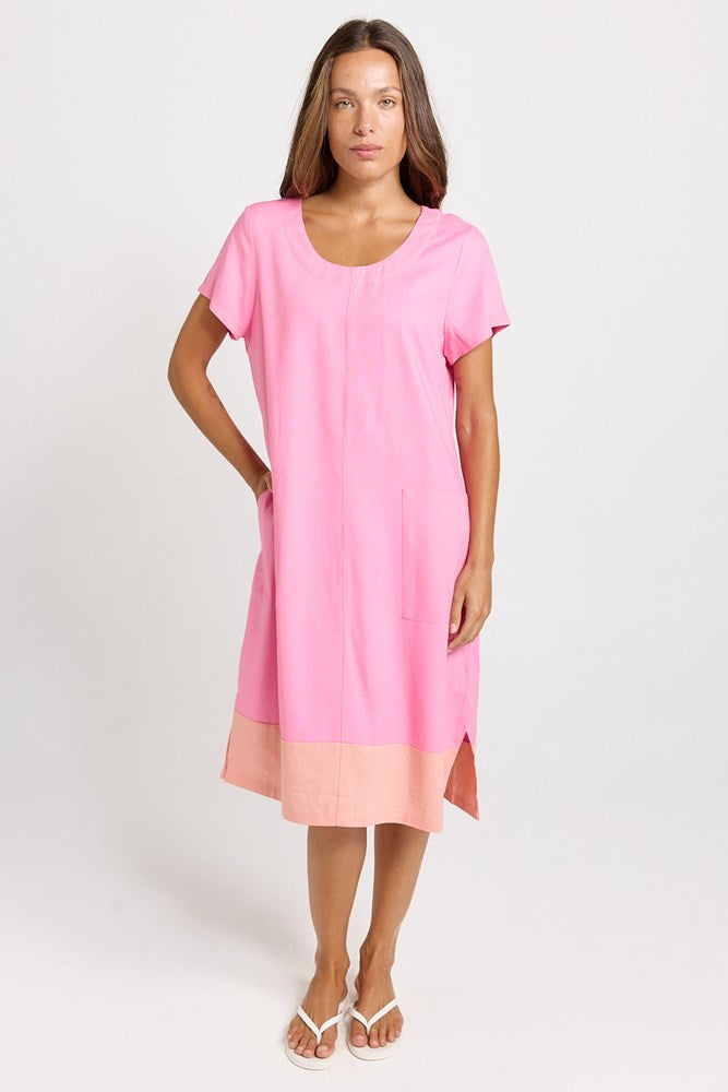 Image of Dresses. Product name - Bonnie Linen Blend Midi Dress Pink/Orange in Pink/Orange colour by brand - Betty Basics