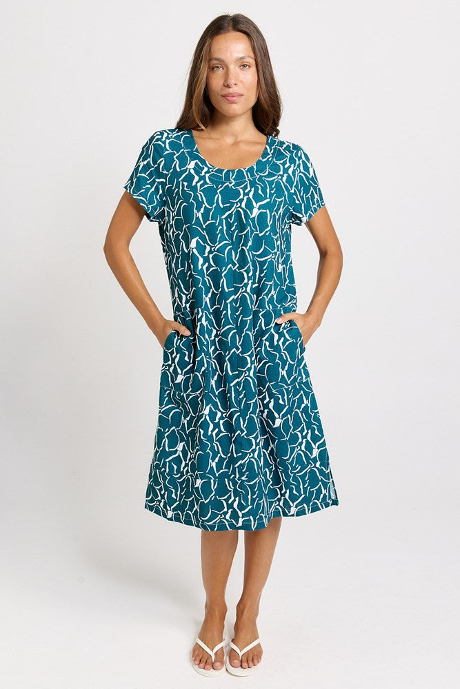 Image of Dresses. Product name - Bonnie Linen Blend Midi Dress Teal Petal Print in Teal Petal Print colour by brand - Betty Basics