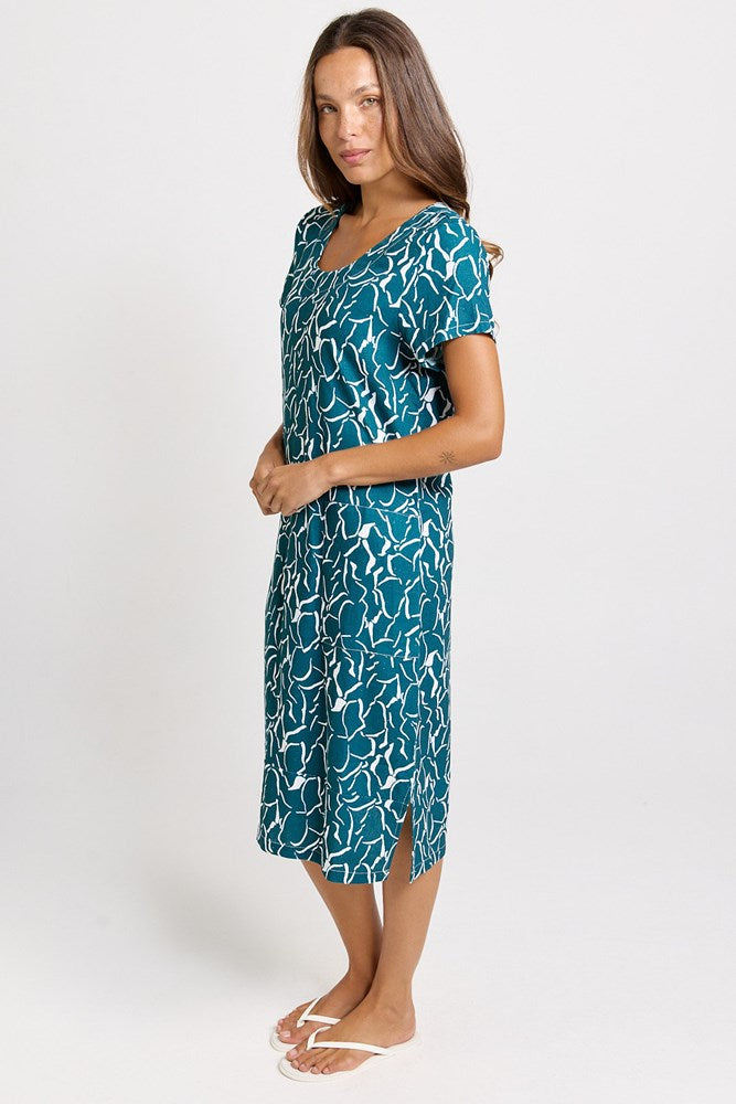 Betty Basics Bonnie Linen Blend Midi Dress (Teal Petal Print)