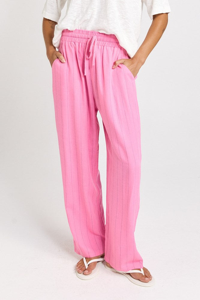 Betty Basics Palm Linen Blend Relax Pants (Pink/Teal Stripe)