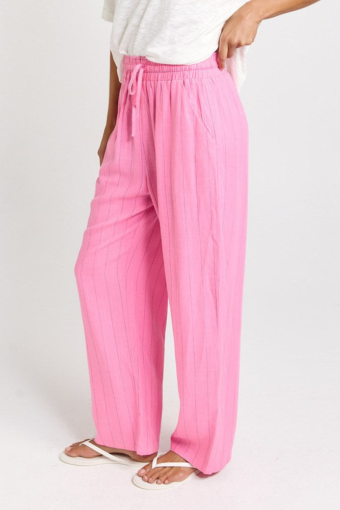Betty Basics Palm Linen Blend Relax Pants (Pink/Teal Stripe)