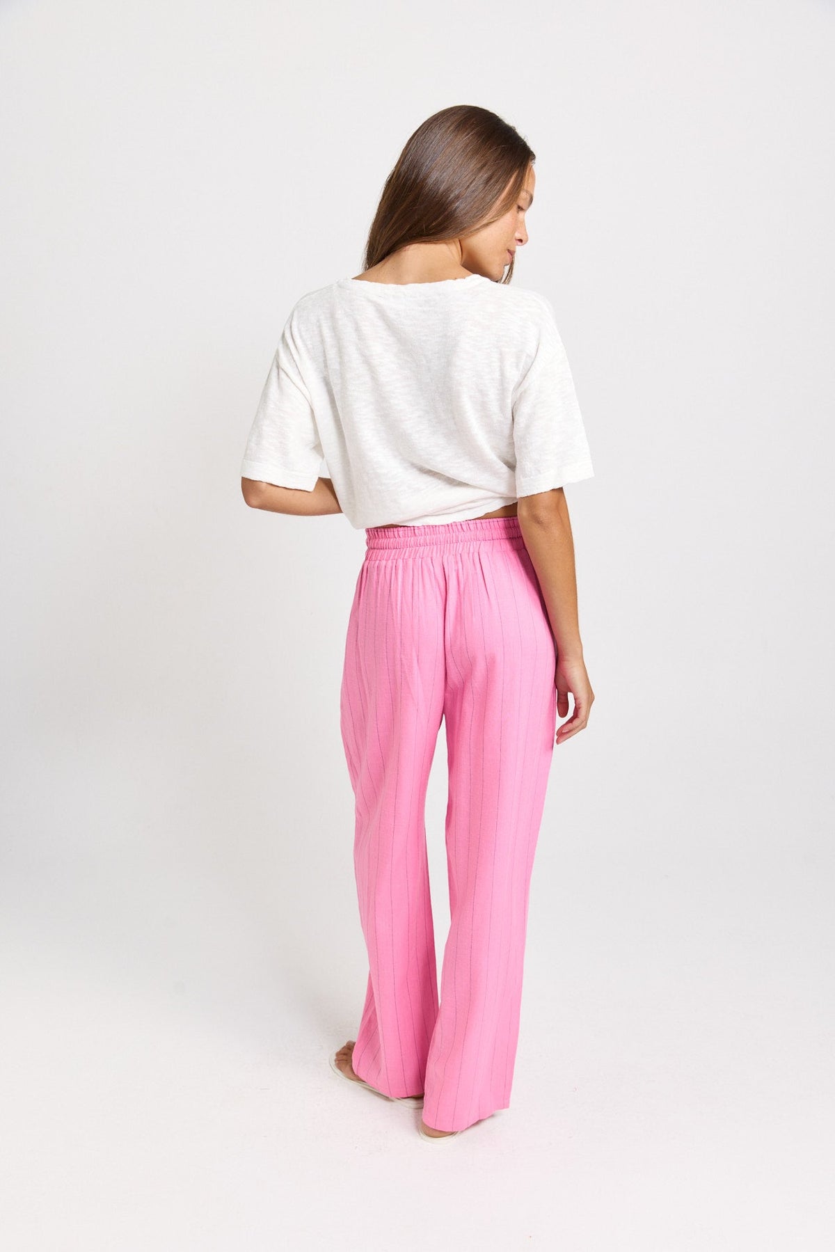 Betty Basics Palm Linen Blend Relax Pants (Pink/Teal Stripe)