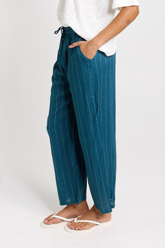 Betty Basics Palm Linen Blend Relax Pants (Teal/White Stripe)