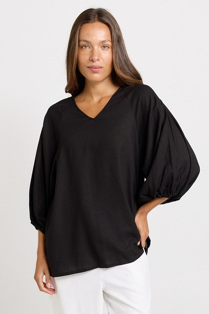 Image of Blouses. Product name - Bella Linen Blend Blouse Black in Black colour by brand - Betty Basics