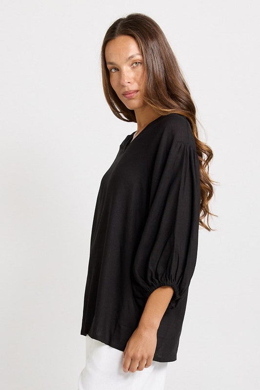Betty Basics Bella Linen Blend Blouse (Black)