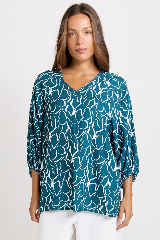 Image of Blouses. Product name - Bella Linen Blend Blouse Teal Petal Print in Teal Petal Print colour by brand - Betty Basics
