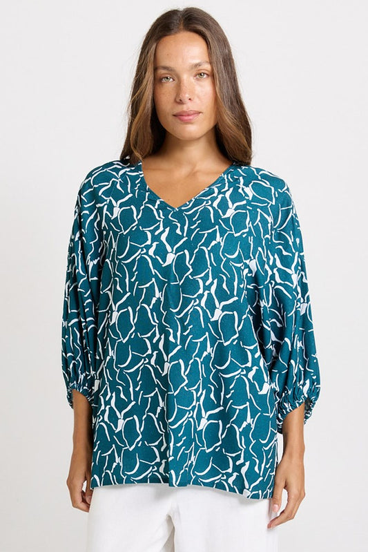 Image of Blouses. Product name - Bella Linen Blend Blouse Teal Petal Print in Teal Petal Print colour by brand - Betty Basics
