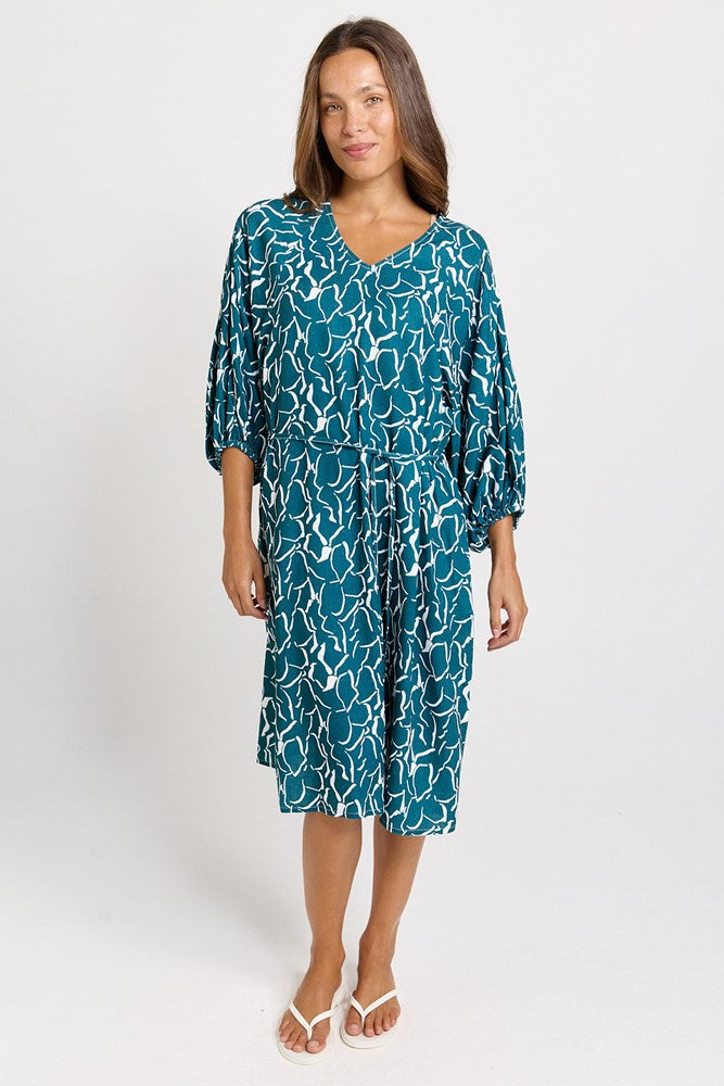Betty Basics Bella Linen Blend Midi Dress (Teal Petal Print)
