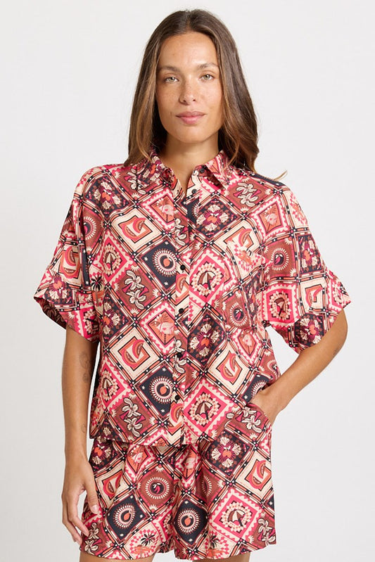 Image of Shirts. Product name - Sunset Short Sleeve Shirt Coco Print in Coco Print colour by brand - Betty Basics
