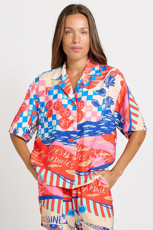 Betty Basics Sable Linen Blend Shirt (Mediterranean Print)