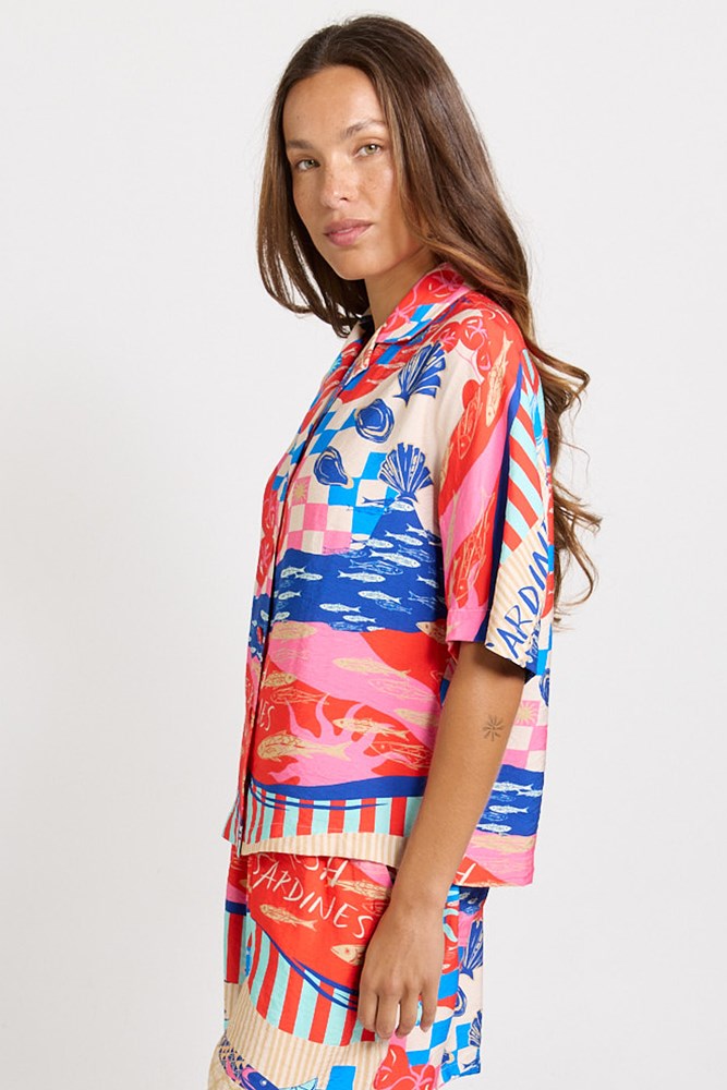 Betty Basics Sable Linen Blend Shirt (Mediterranean Print)