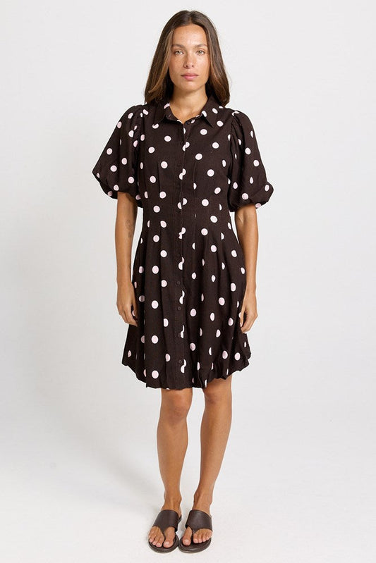 Image of Dresses. Product name - Nancy Linen Blend Shirt Dress Pink/Choc Polka Dot in Pink/Choc Polka Dot colour by brand - Betty Basics