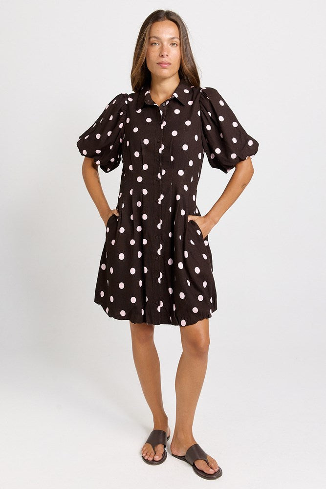 Betty Basics Nancy Linen Blend Shirt Dress (Pink/Choc Polka Dot)
