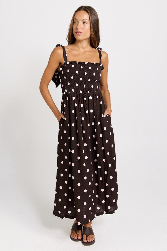 Betty Basics Shirred Maxi Dress (Pink/Choc Polka Dot)