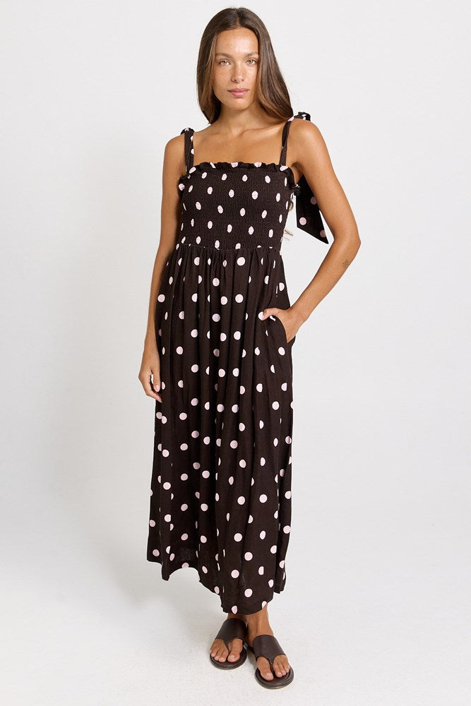 Betty Basics Shirred Maxi Dress (Pink/Choc Polka Dot)