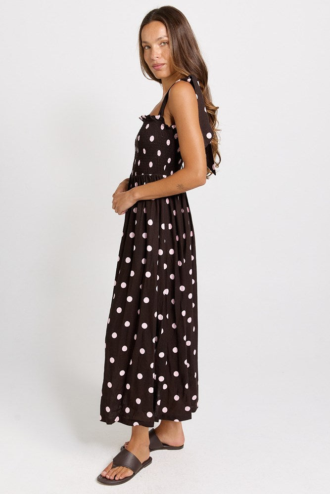Betty Basics Shirred Maxi Dress (Pink/Choc Polka Dot)