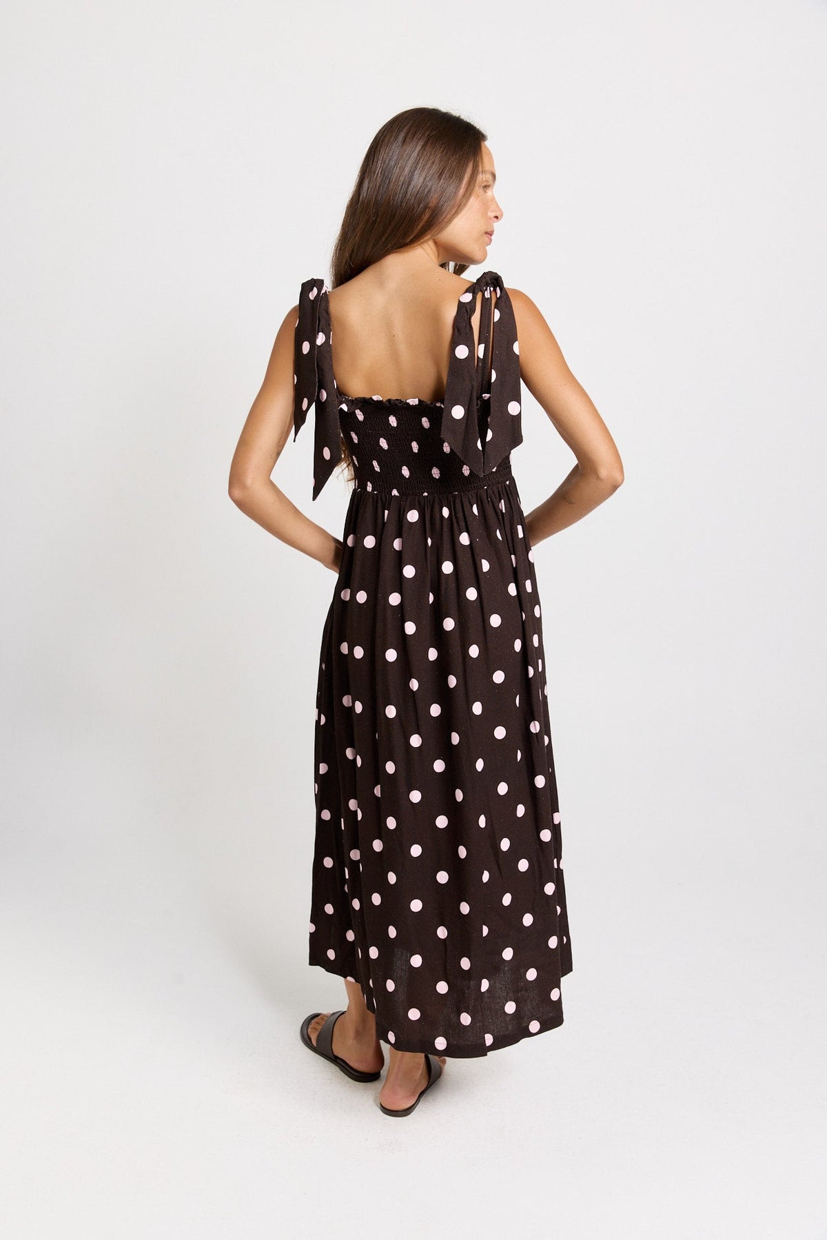 Betty Basics Shirred Maxi Dress (Pink/Choc Polka Dot)