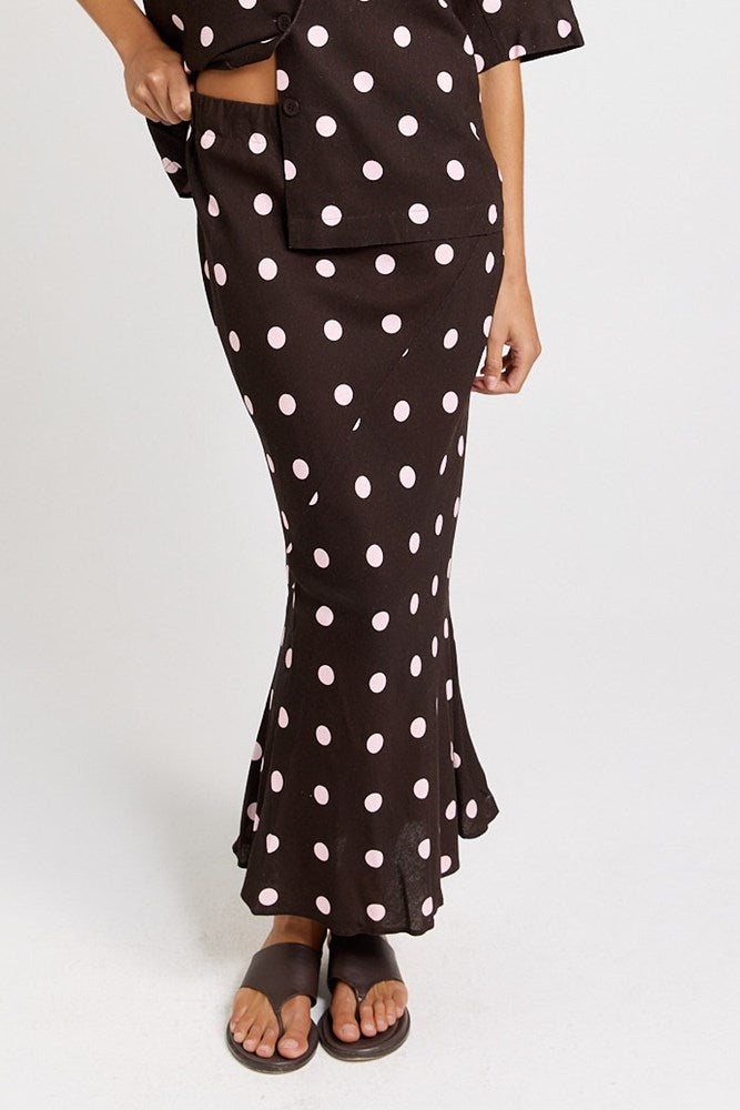Betty Basics Sable Bias Yoke Midi Skirt (Pink/Choc Polka Dot)