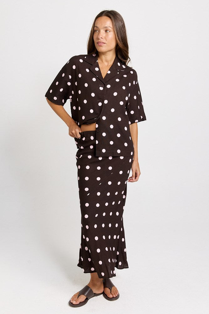 Betty Basics Sable Bias Yoke Midi Skirt (Pink/Choc Polka Dot)