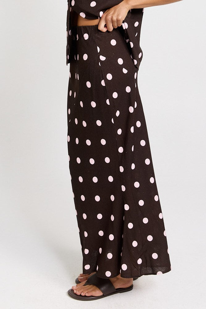 Betty Basics Sable Bias Yoke Midi Skirt (Pink/Choc Polka Dot)