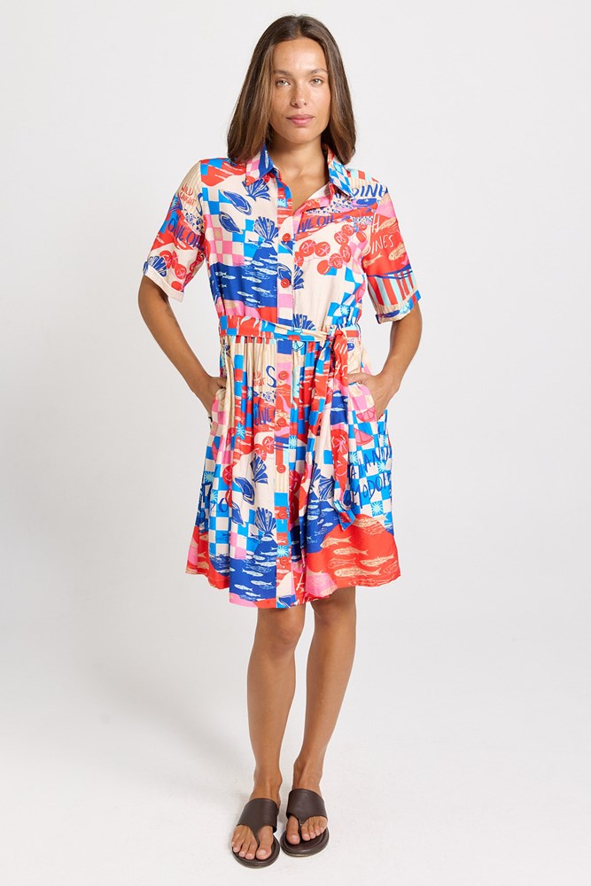Betty Basics Palm Linen Blend Shirt Dress (Mediterranean Print)