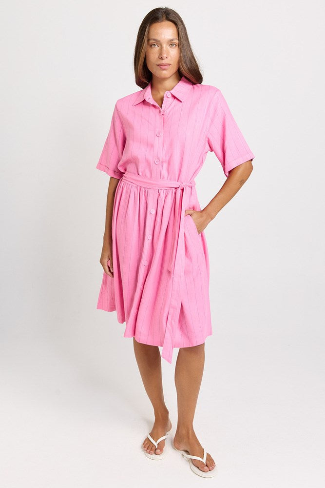 Betty Basics Palm Linen Blend Shirt Dress (Pink/Teal Stripe)