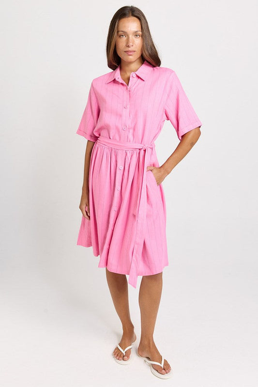 Betty Basics Palm Linen Blend Shirt Dress (Pink/Teal Stripe)