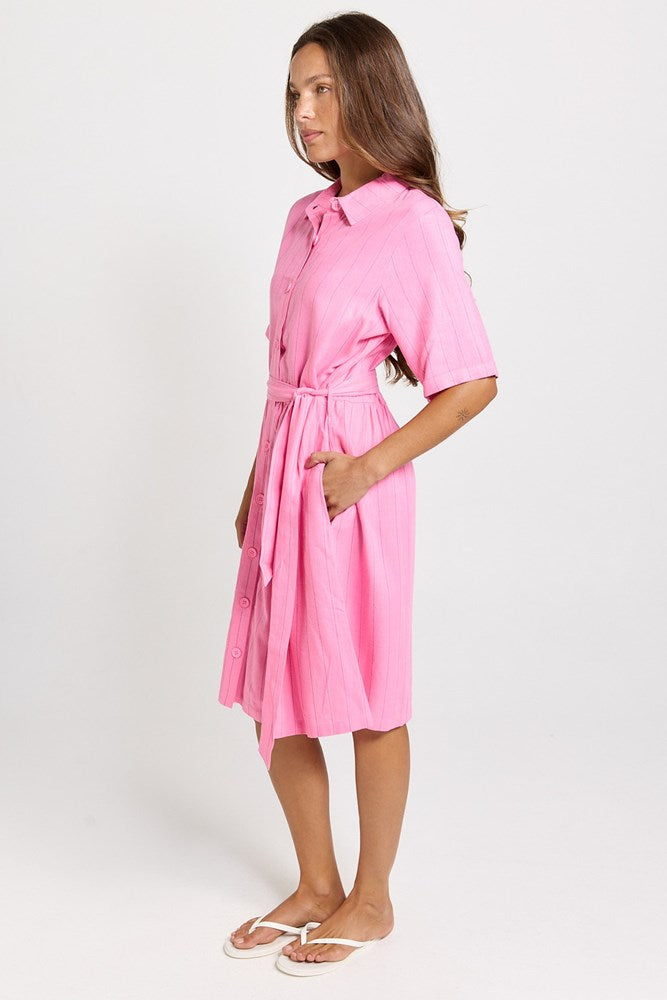 Betty Basics Palm Linen Blend Shirt Dress (Pink/Teal Stripe)