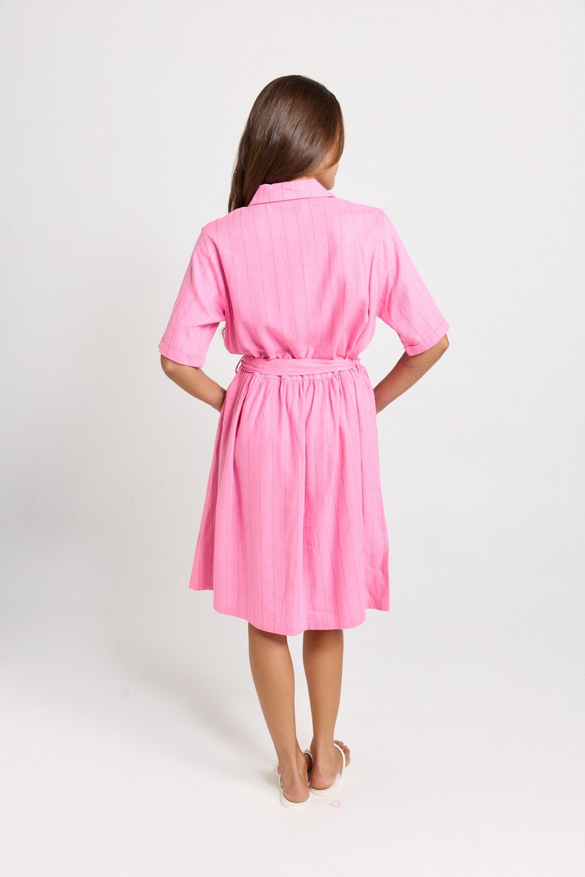 Betty Basics Palm Linen Blend Shirt Dress (Pink/Teal Stripe)