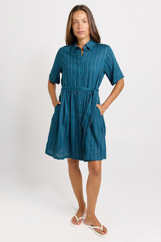 Image of Dresses. Product name - Palm Linen Blend Shirt Dress Teal/White Stripe in Teal/White Stripe colour by brand - Betty Basics