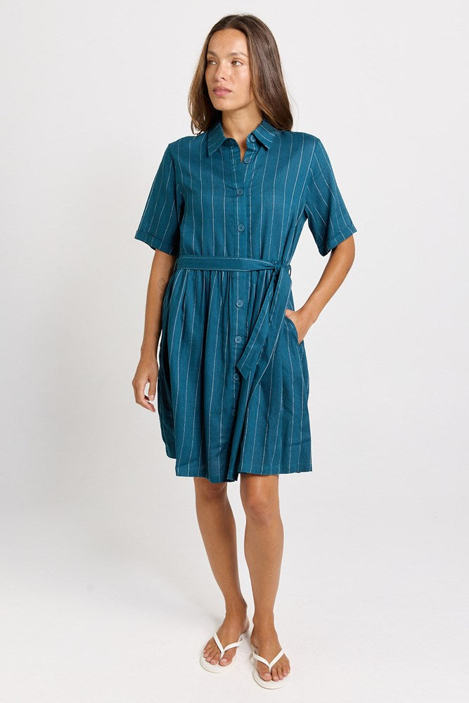Betty Basics Palm Linen Blend Shirt Dress (Teal/White Stripe)