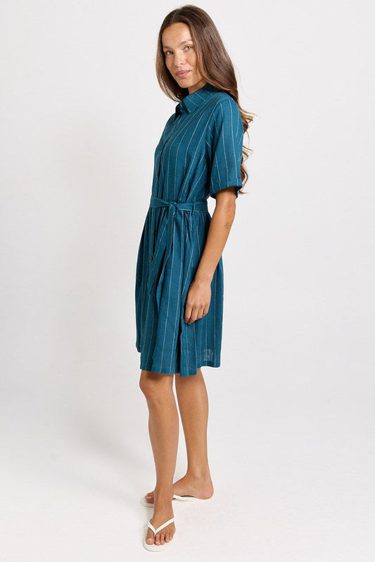 Betty Basics Palm Linen Blend Shirt Dress (Teal/White Stripe)