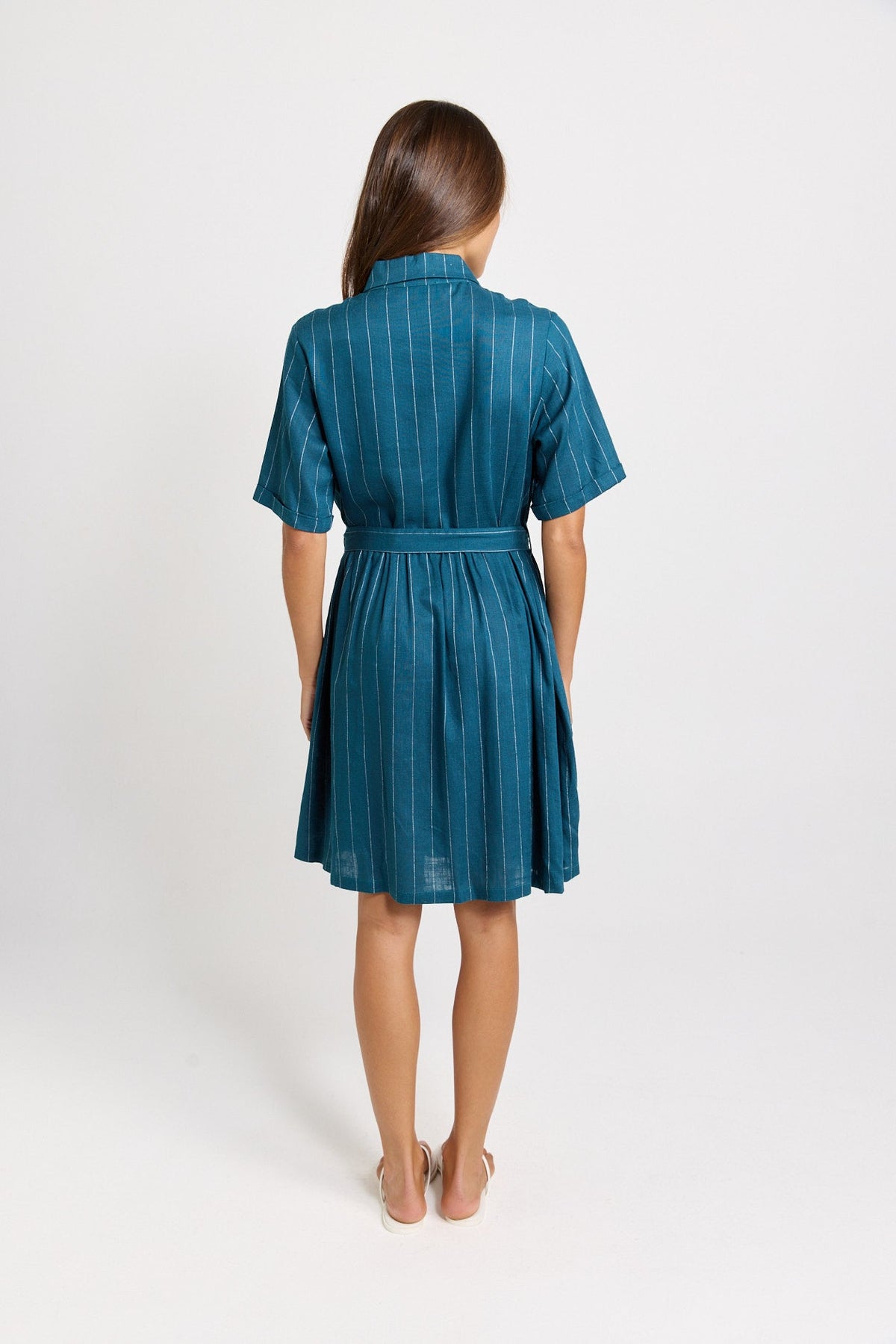 Betty Basics Palm Linen Blend Shirt Dress (Teal/White Stripe)