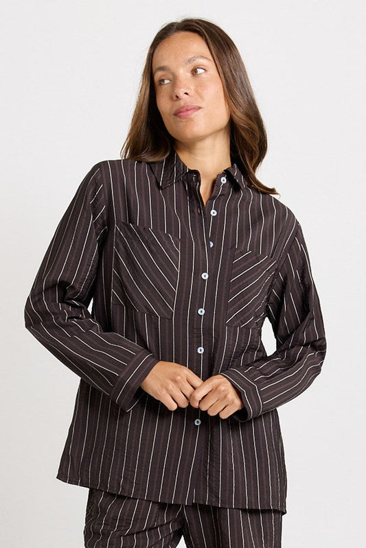 Image of Shirts. Product name - Sorrento Long Sleeve Shirt Brown Stripe in Brown Stripe colour by brand - Betty Basics