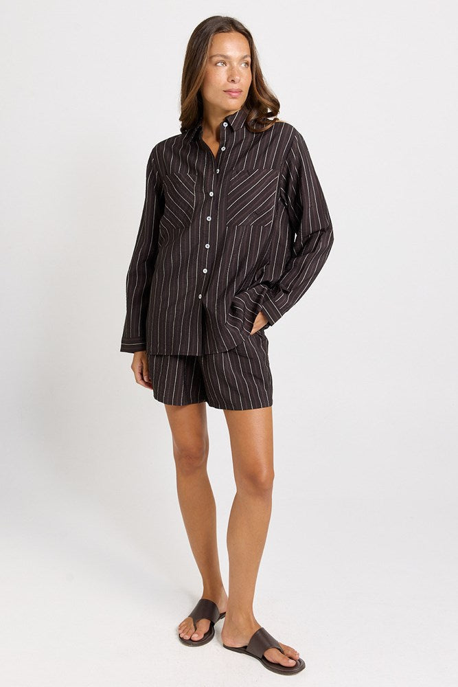 Betty Basics Sorrento Long Sleeve Shirt (Brown Stripe)