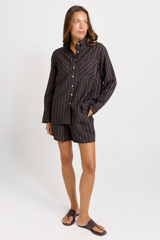 Betty Basics Sorrento Long Sleeve Shirt (Brown Stripe)