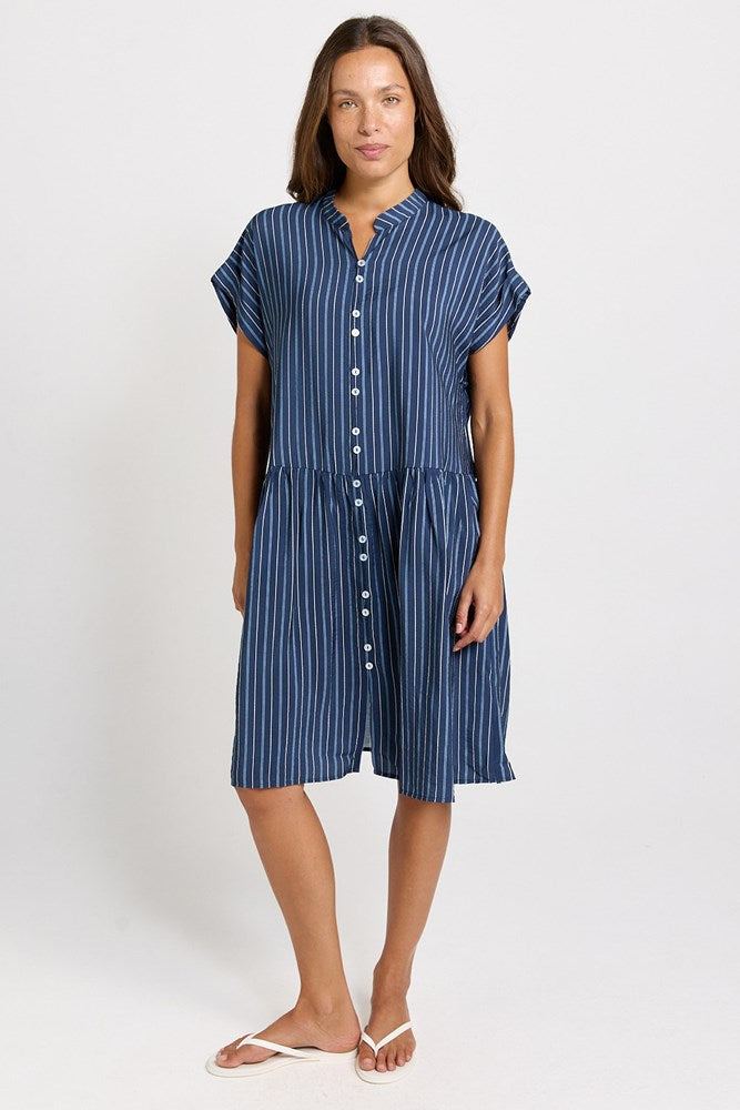 Image of Dresses. Product name - Sandy Drawstring Waist Dress Blue Stripe in Blue Stripe colour by brand - Betty Basics