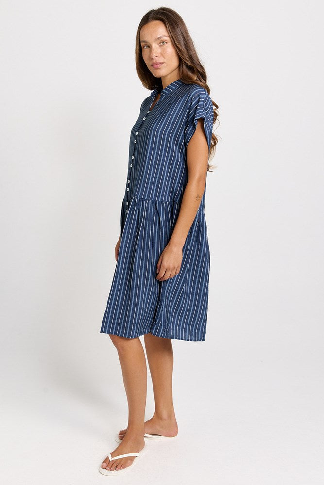 Betty Basics Sandy Drawstring Waist Dress (Blue Stripe)