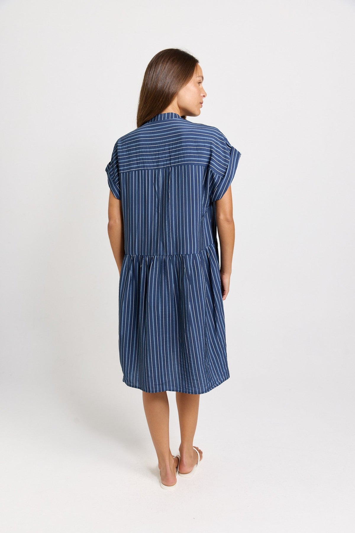 Betty Basics Sandy Drawstring Waist Dress (Blue Stripe)